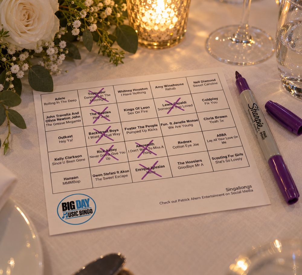 A Big Day Music Bingo card on a candlelit wedding table with a purple marker